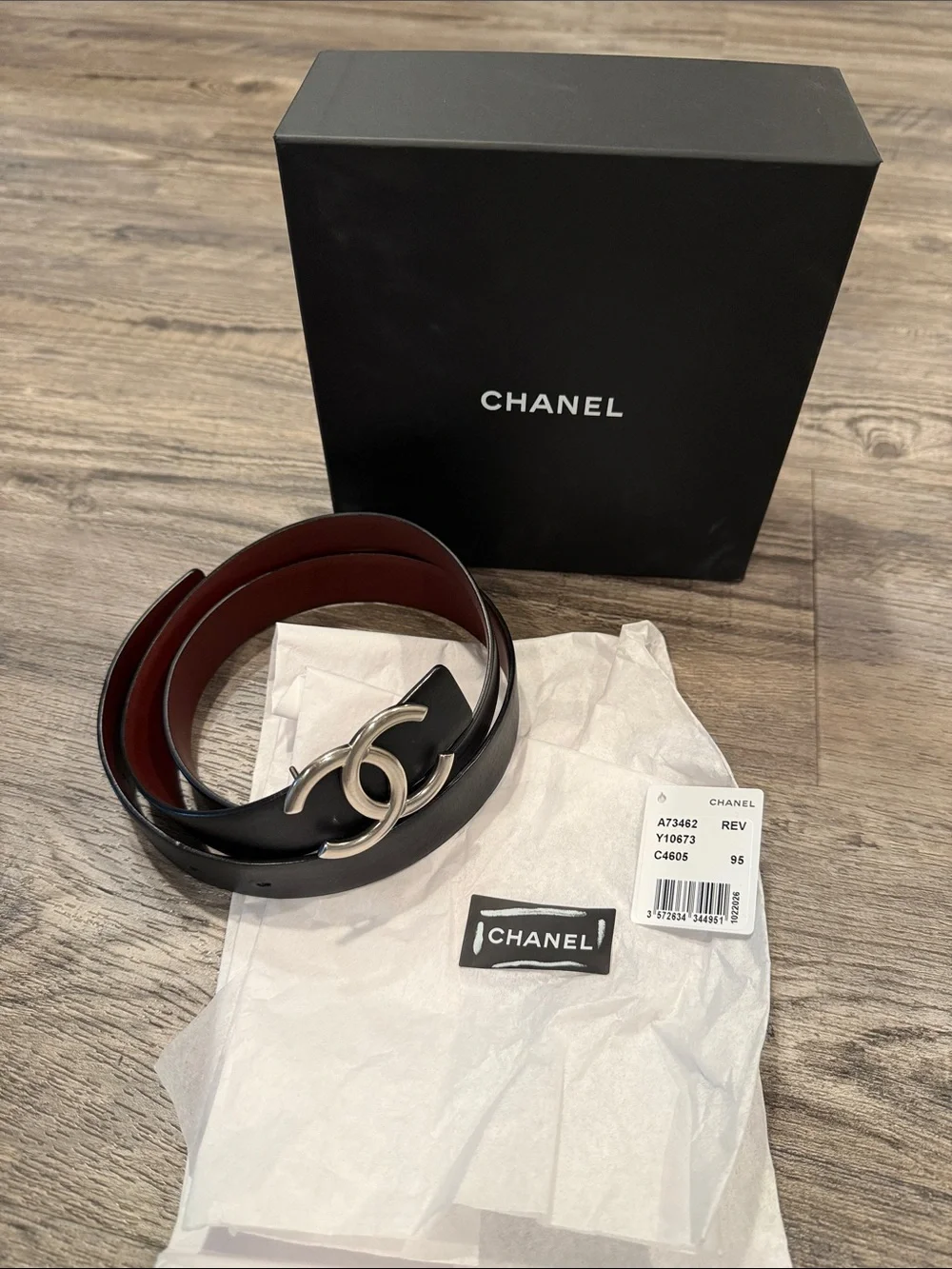 CHANEL Calfskin Leather CC Reversible Belt Silver Buckle Black Burgundy